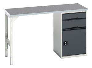 verso pedestal bench with 2 drawers/cbd 525W cab & lino top. WxDxH: 1500x600x930mm. RAL 7035/5010 or selected Verso Pedastal Benches with Drawer / Cupboard Unit